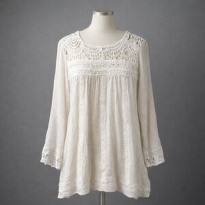 Indigo Soul Blouse Size 2XL Beige Gauze Crochet Lace Boho Cottagecore Beach